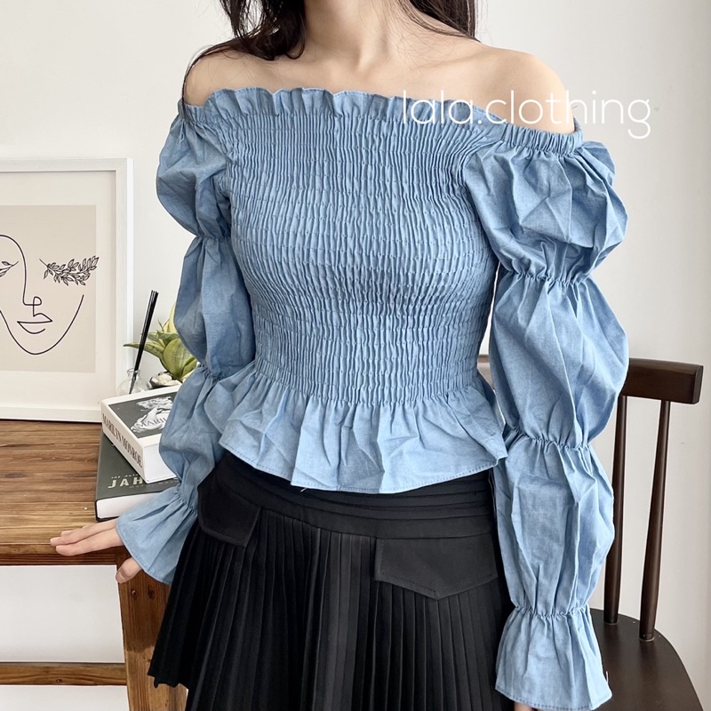 (SẴN) Áo thô xanh trễ vai