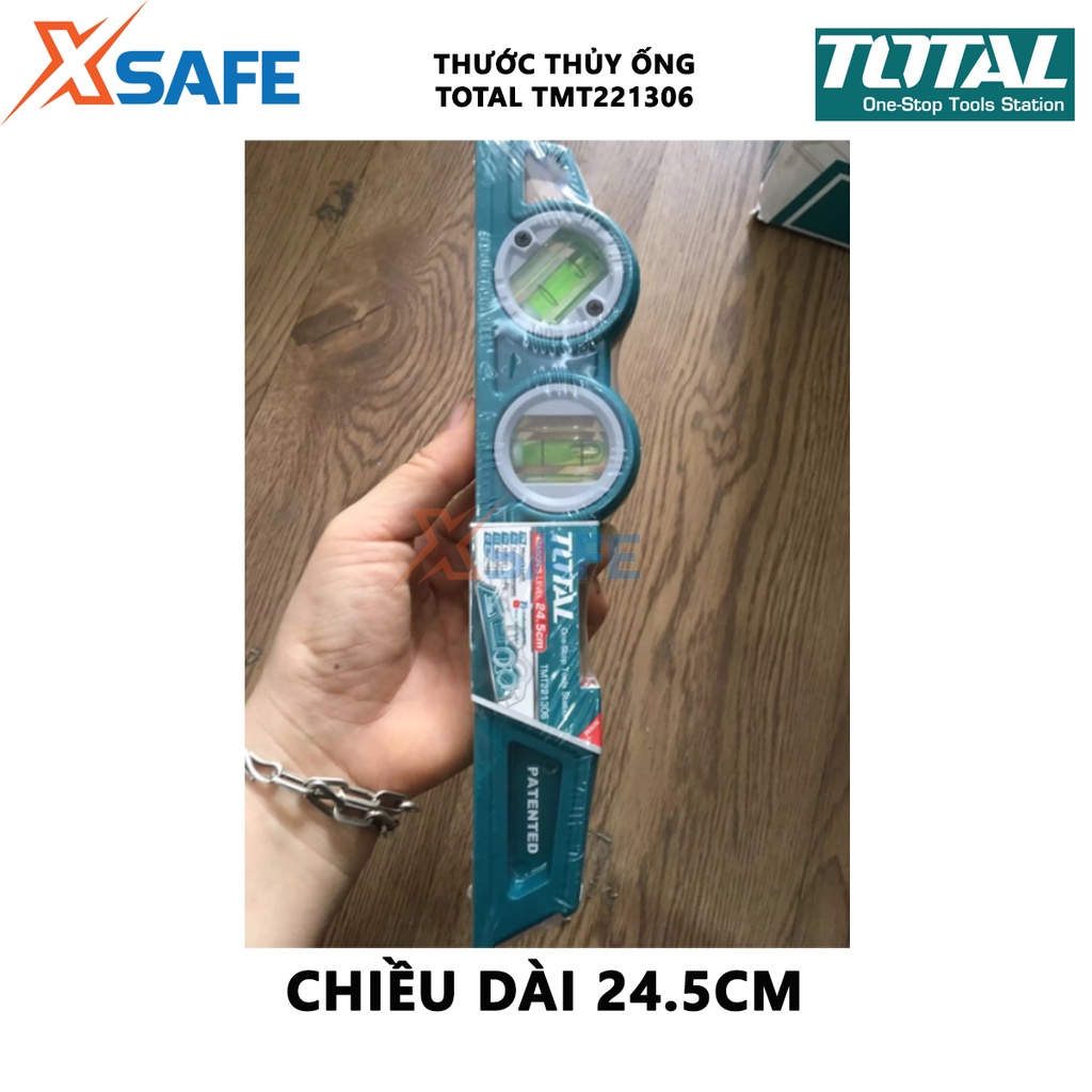 Thước thủy ống TOTAL TMT221306 Thước nivo dài 24,5cm, thân thước nhôm đúc nặng, chịu lực chịu nhiệt bền bỉ