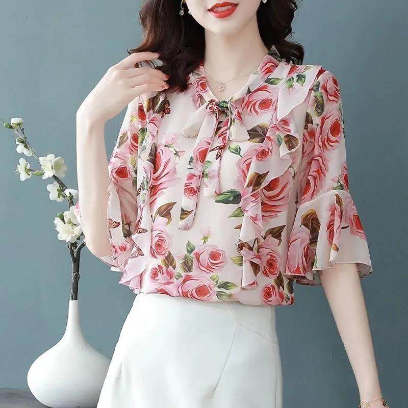 Áo Sơ Mi Chiffon Tay Lỡ 3 / 4 In Hoa Thời Trang Công Sở Cho Nữ