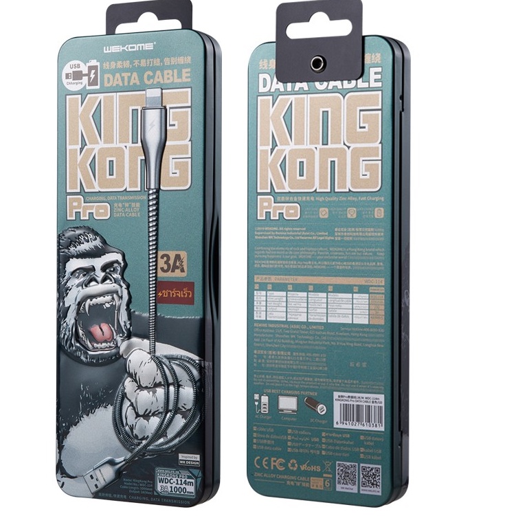 CHÍNH HÃNG DÂY CÁP SẠC HỘP SẮT KING KONG 3A WK Full Box,Cho SS MICRO USB IP TYPE C