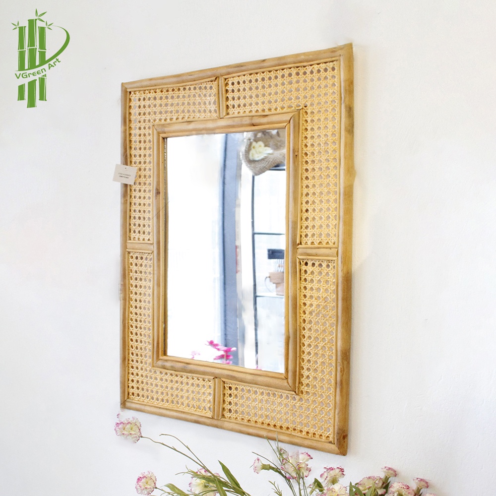 Gương treo tường trang trí hình chữ nhật khung mây tre đan. Gương soi cỡ lớn giá tốt, vintage, cổ điển, truyền thống