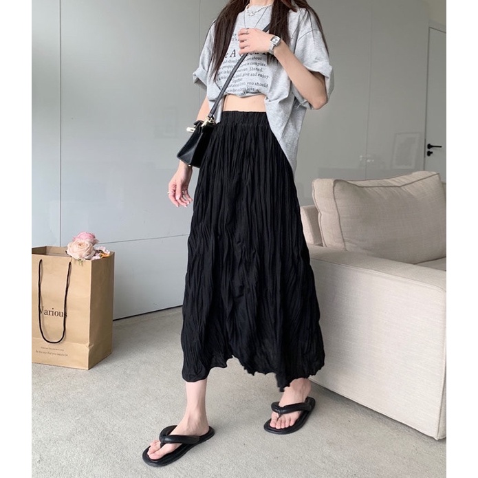 Urihouse - Chân váy nhăn xoè dáng dài midi cạp cao chun màu đen, màu trắng có lớp lót phía trong
