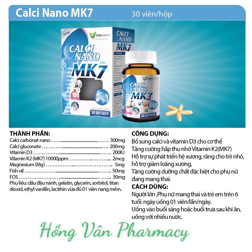 Viên uống bổ sung Canxi nano Mk7, giúp chắc khỏe xương, phòng chống loãng xương