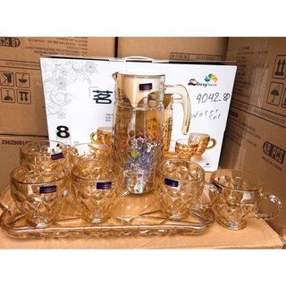 Set 6 cốc thủy tinh vàng kèm khay + bình đựng