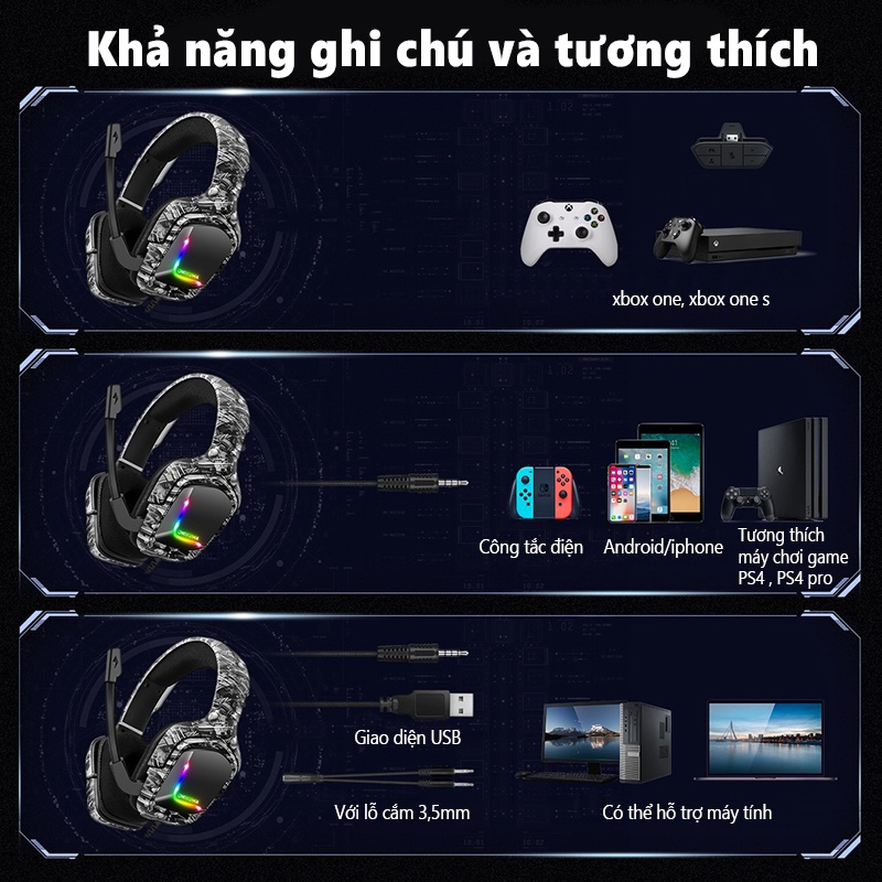 Tai nghe chơi game âm thanh nổi gắn trên đầu ONIKUMA K20 màu đỏ và trắng với micrô và đèn RGB