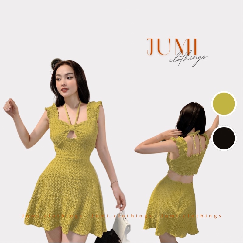 Đầm tay ngắn cổ yếm đầm khoét ngực chất thun co giãn