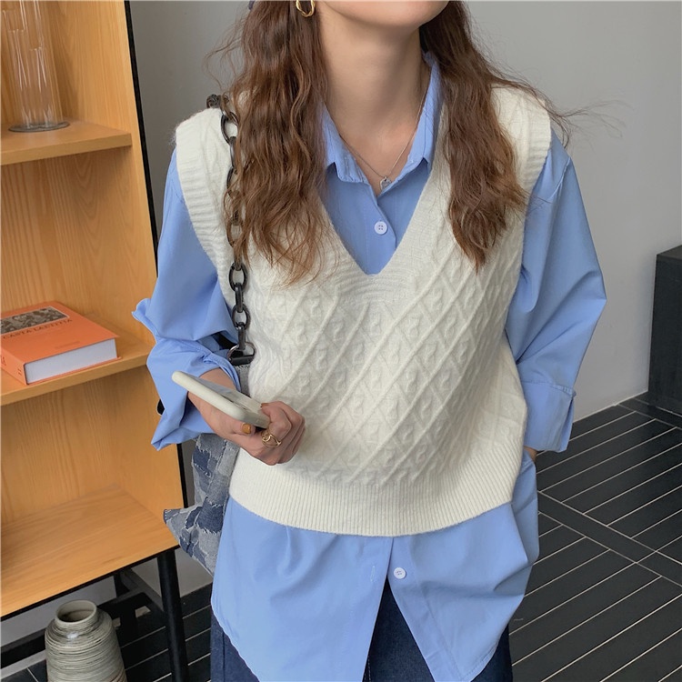 Áo Gile len nữ Viền nổi Ulzzang Cổ tim Hàn Quốc Gile nữ Cổ V Thời trang Thu Đông | BigBuy360 - bigbuy360.vn