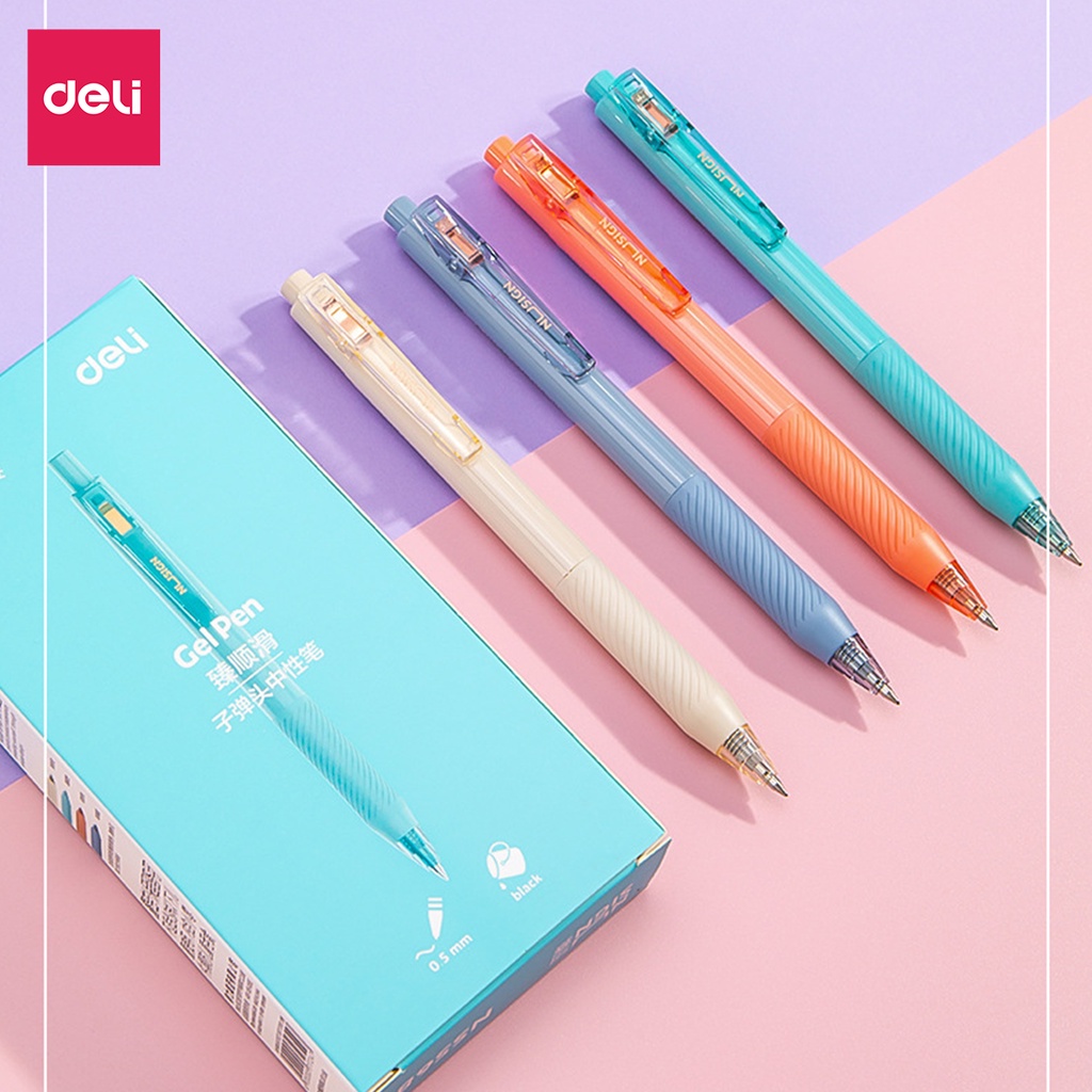 Bút bi gel bấm mực đen cao cấp Deli 0,5mm học sinh văn phòng, ngòi viết trơn tru mực ra đều, nhiều màu sắc