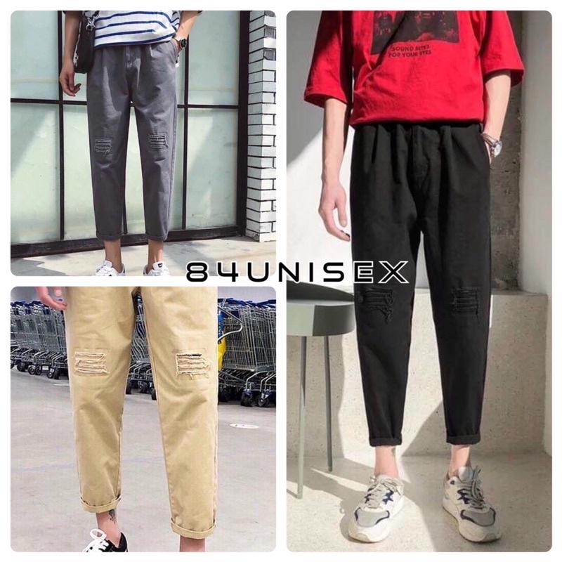 Quần dài Kaki Nam Nữ Ống Suông Rách gối Unisex Ulzzang - 84unisex
