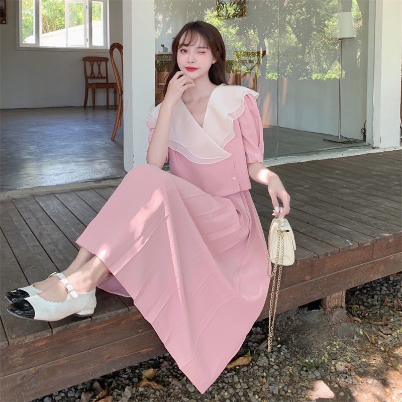 2022 summer new French bubble sleeve temperament lotus leaf collar short jacket + A pleated skirt two sets