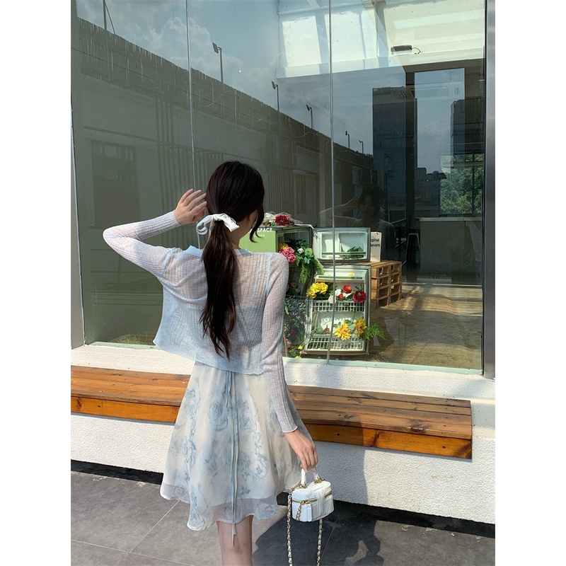 Bộ trang phục áo khoác mỏng chống nắng phối đầm hai dây dáng chữ A vải voan thời trang cho nữ (có bán lẻ)