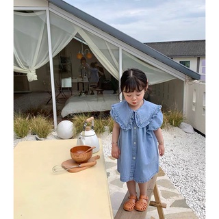 B387- váy bò xanh bèo cổ bé gái