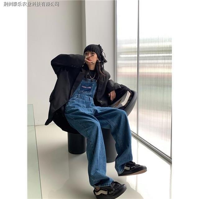 Quần Yếm Denim Màu Xanh Dương Mùa Xuân Thu Phong Cách Retro Mỹ Đường Phố Mới Cho Nữ