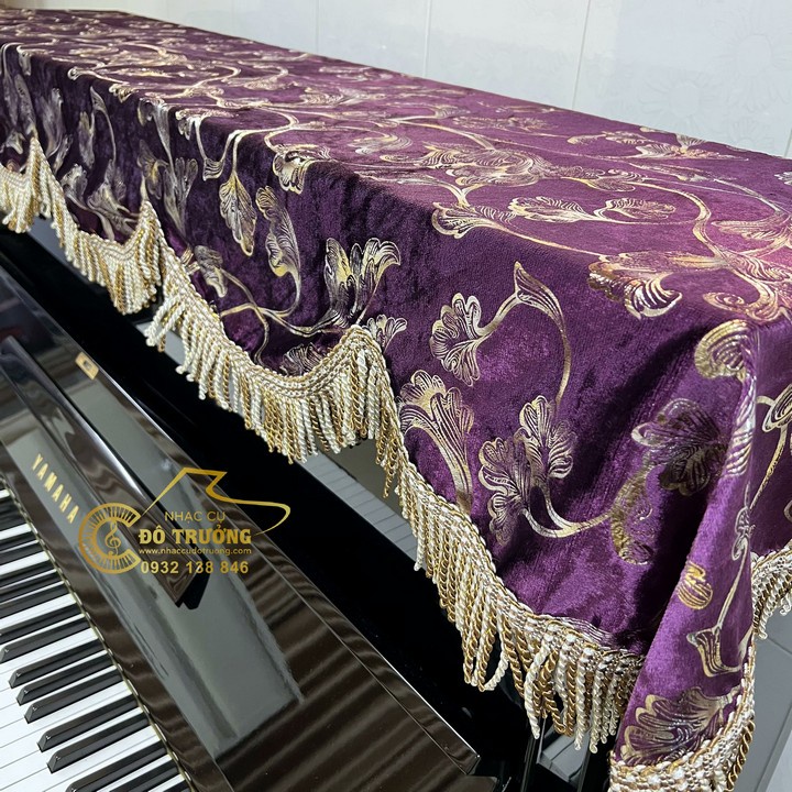 Com bo tặng 3 khăn lau phím , Khăn phủ Đàn Piano Nhung Tím Lá Ánh Kim