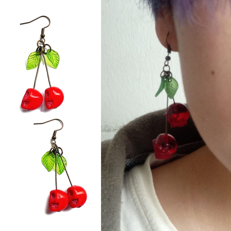 Set 2 Bông Tai Hình Trái Cherry / Trái Cherry / Đầu Lâu Thời Trang Cho Nữ