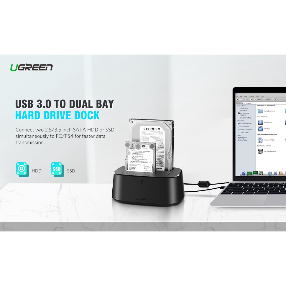 Đầu đọc ổ cứng 3.5 và 2.5 inch Chính Hãng Ugreen 50854 (Dock 2 bay HDD/SSD hổ trợ 16TB USB 3.0 Sata)