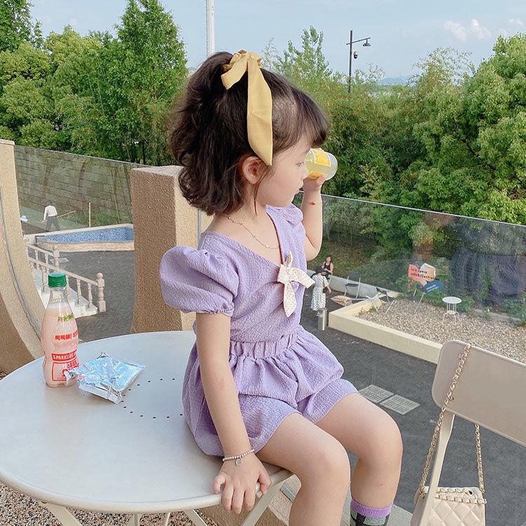 Bộ Áo Thun Tay Ngắn Phồng Đính Nơ + Quần Short Thời Trang Mùa Hè Hàn Quốc 2023 Mới Dành Cho Bé Gái