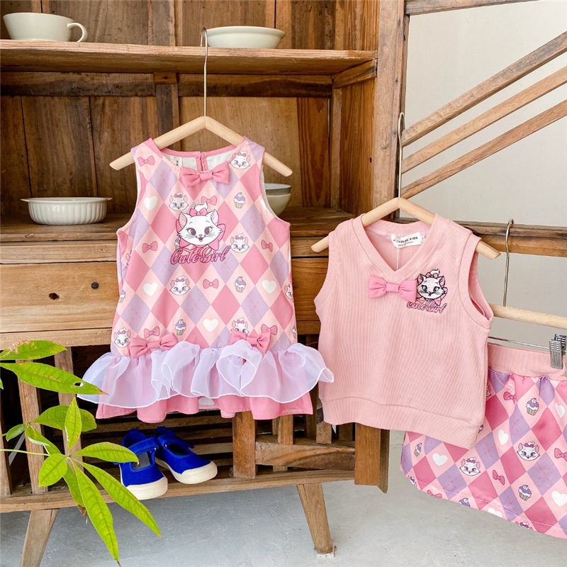 Set Áo Sát Nách Phối Ren + Chân Váy Ngắn Họa Tiết Hình Thoi Hoạt Hình Thời Trang Mùa Hè 2022 Cho Bé