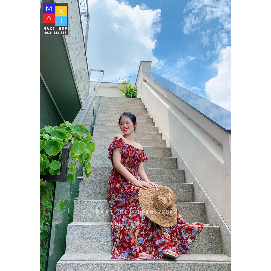 Đầm Maxi Trễ Vai Cao Cấp Họa Tiết Bông Hoa Nền Đỏ Đô
