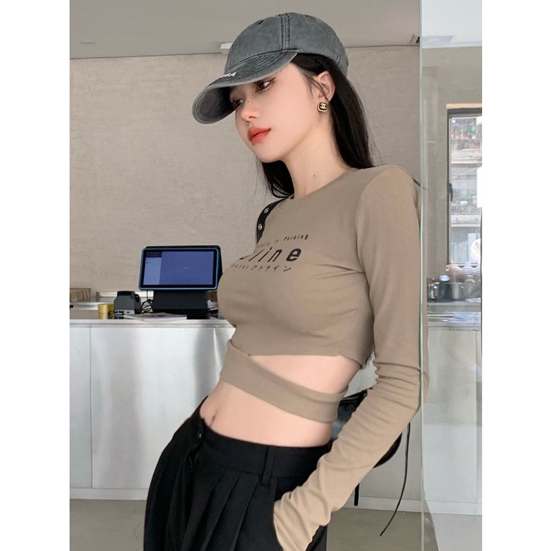 Honypove Áo Thun Tay Dài In Chữ Ôm Eo Xinh Xắn Cho Nữ