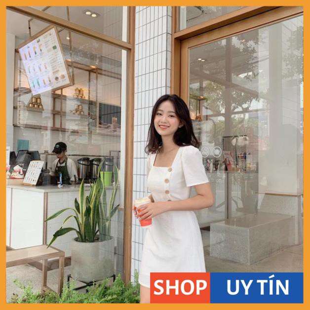 [Hàng Cao Cấp] Đầm Nữ Cổ Vuông Phối Nút | BigBuy360 - bigbuy360.vn