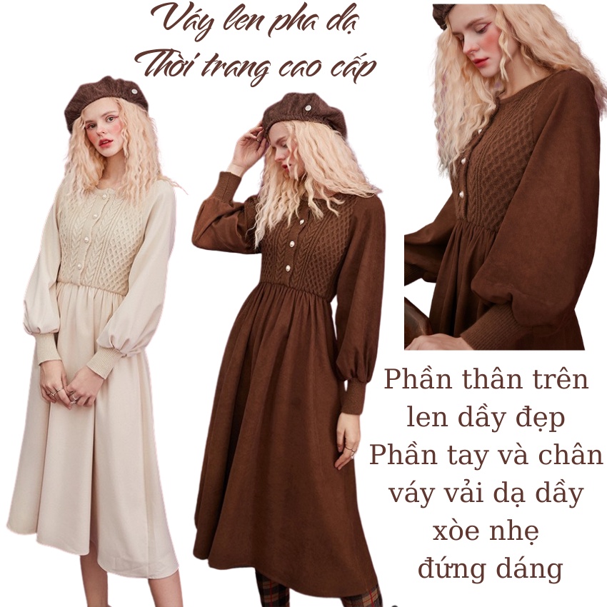 Váy len pha dạ-Váy thời trang cao cấp hàng Quảng Châu-Có ảnh thật và clip chất liệu