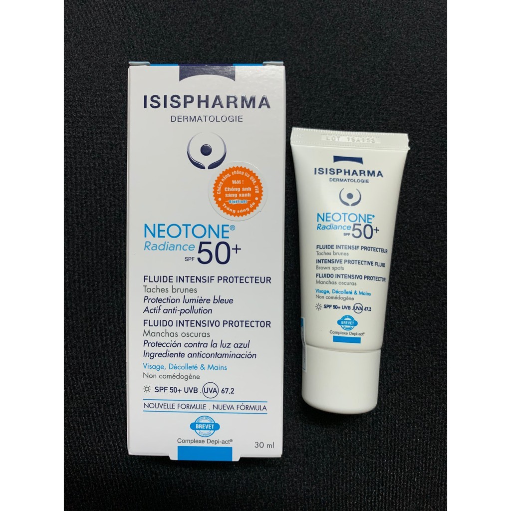 Isispharma Neotone Radiance SPF 50+ (30 ml): Kem chống nắng, mờ nám và sáng da.