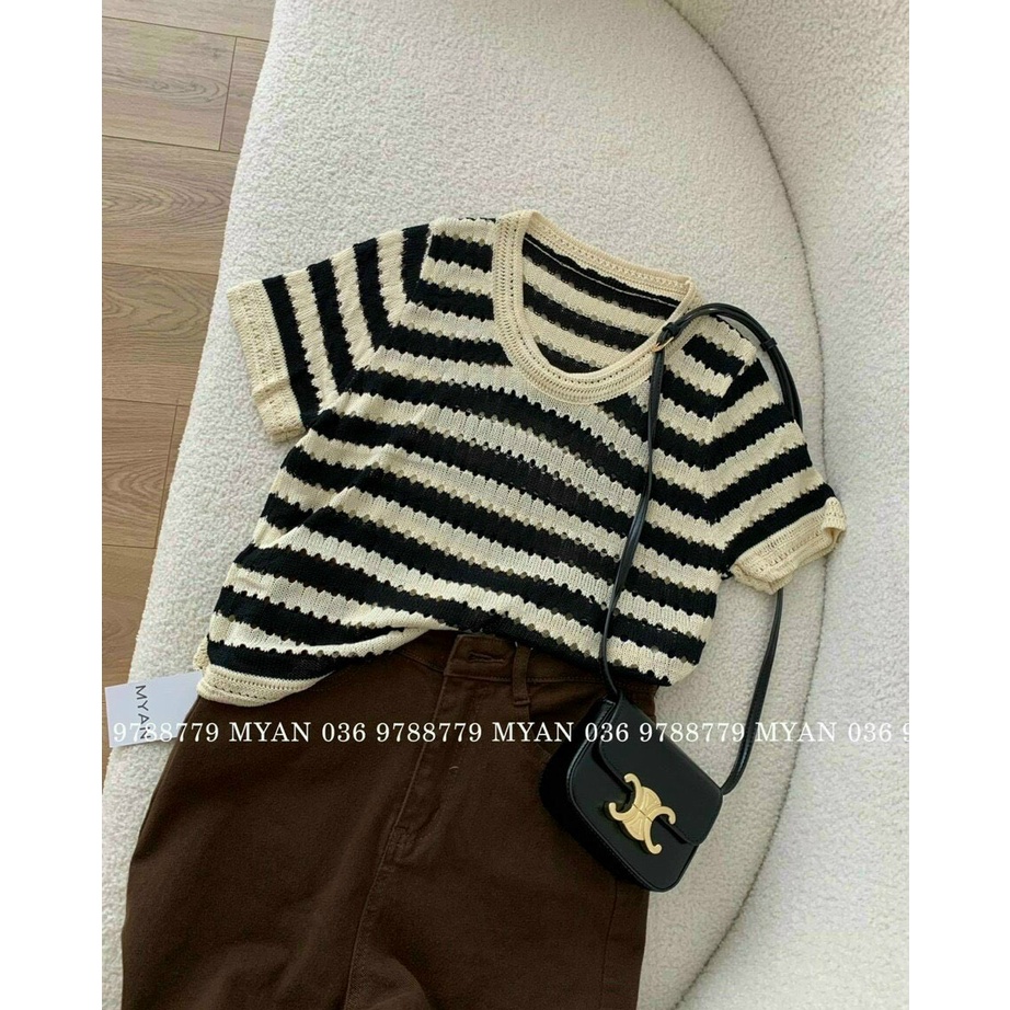 Len Mongtoghi Kẻ Sọc Tay Ngắn Cổ Tròn Phong Cách Hàn Quốc Áo Len Quảng Châu Loại 1 ALSTN