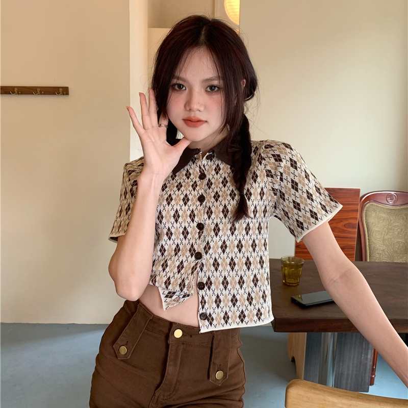 Áo polo SUXI dệt kim tay ngắn dáng ôm thời trang mùa hè cổ điển quyến rũ cho nữ