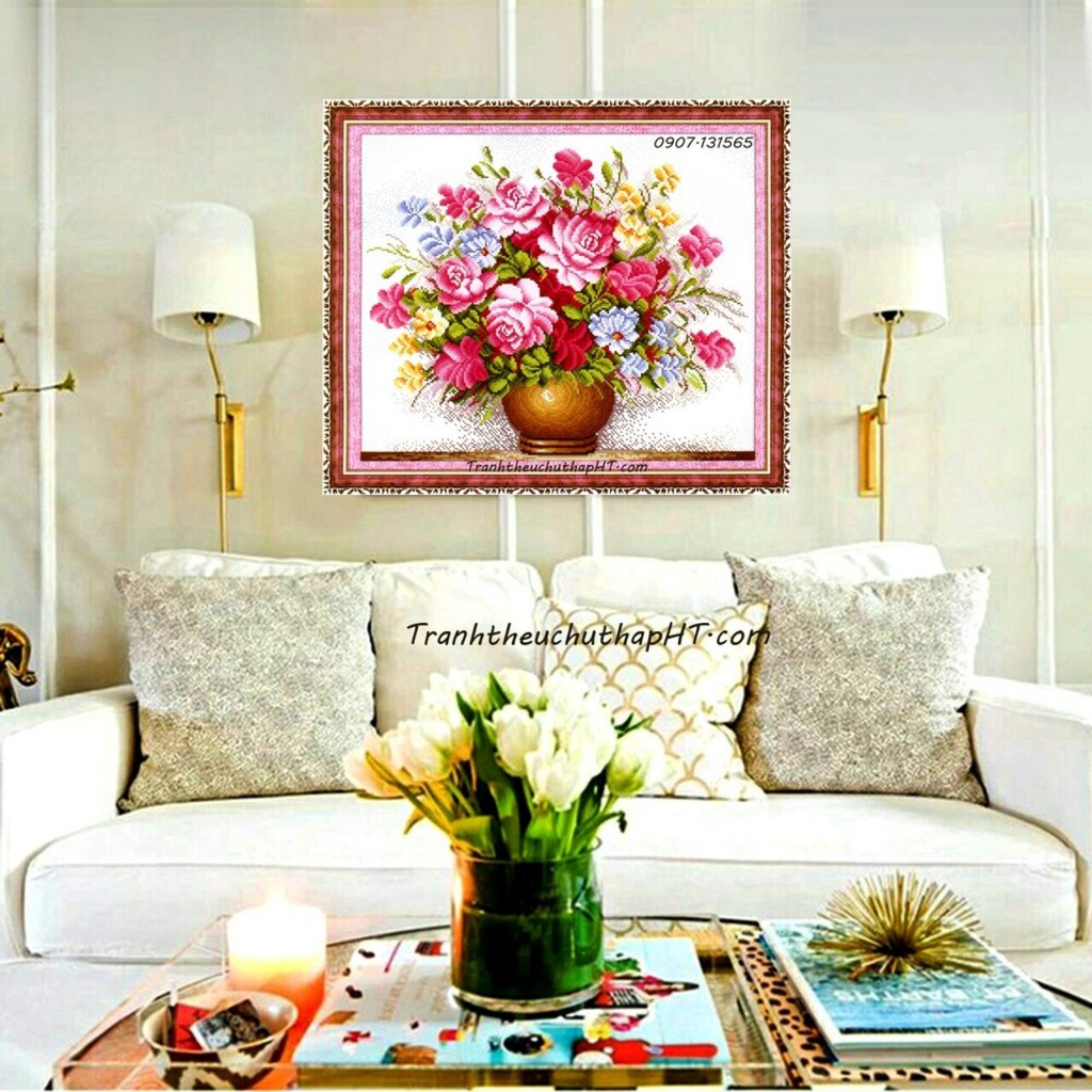 Tranh thêu chữ thập Bình hoa khoe sắc 55*47cm H202 (tự thêu)