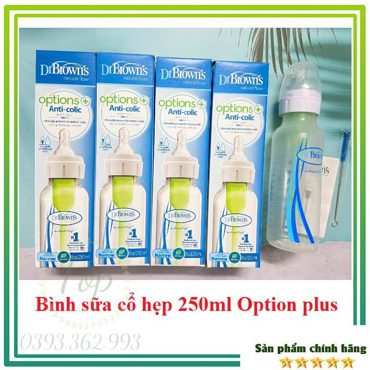 Bình sữa CHỐNG SẶC cổ hẹp 60ml/120ml/250ml nhựa PP Option plus (mẫu mới nhất) Dr.Brown's - USA