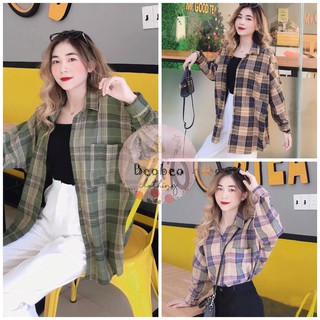 [Ảnh thật] Áo sơ mi oversize sọc caro tay phồng phối màu ulzzang