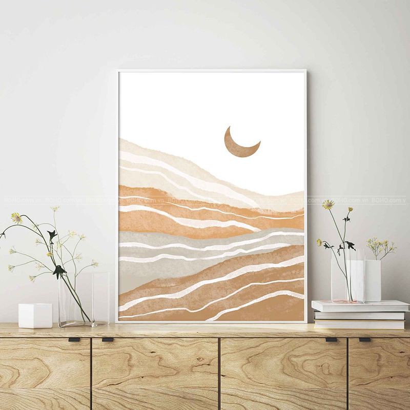 Tranh BOHO trừu tượng mặt trăng treo tường kích thước 40*60cm, tặng kèm đinh 3 chân treo tranh, bảo hành 12 tháng