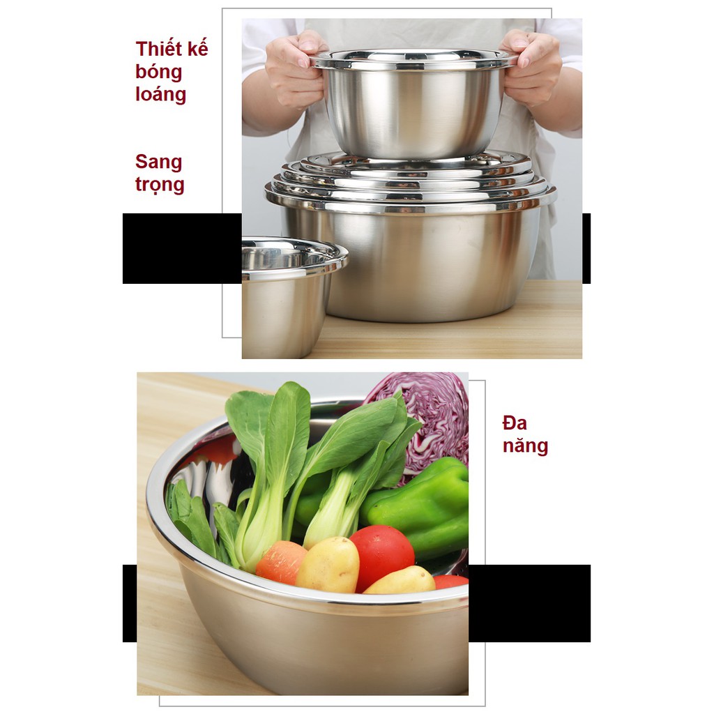 Thau Inox Đáy Sâu Trộn Bột, Trộn Salad, Rửa Rau Củ Cao Cấp Loại Dày, Tiêu Chuẩn 5 sao Có 3 Size Chọn Lựa