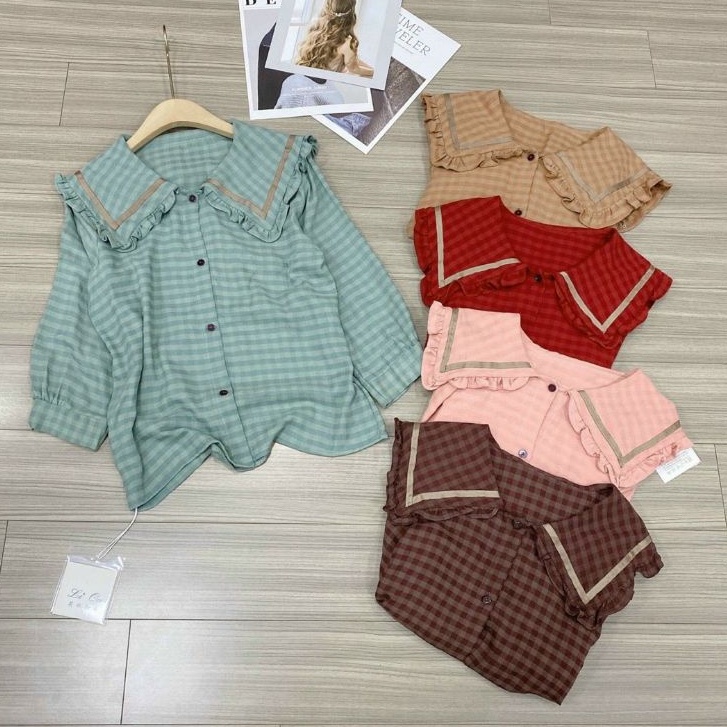 Áo sơ mi kẻ cổ viền bánh bèo chất thô mềm