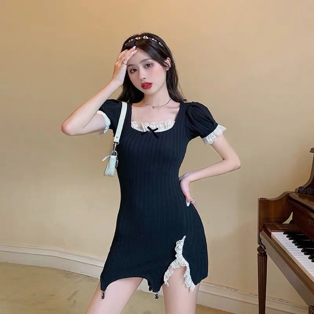 Váy Len Body Phối Ren cho nữ 2022,cổ vuông,tay bồng