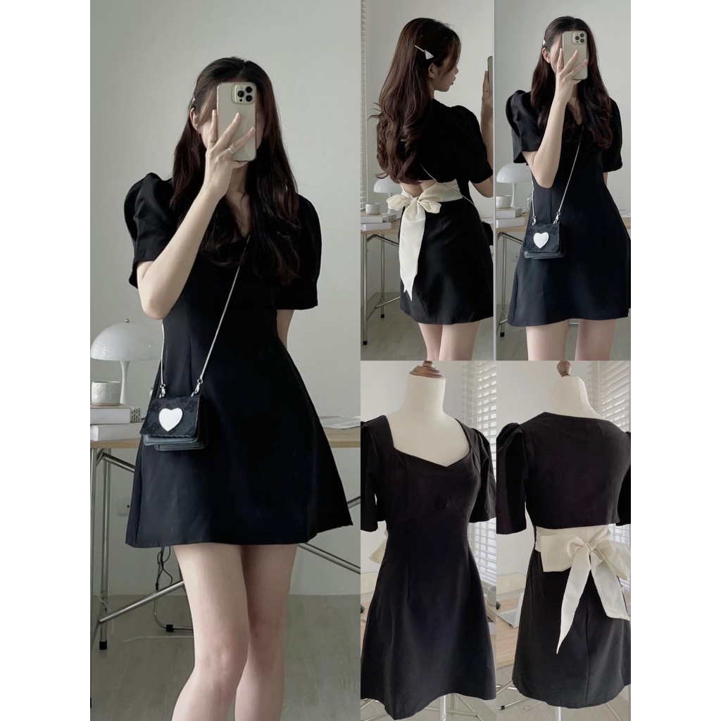 Váy cổ vuông cut out lưng kèm Nơ phong cách Hàn Quốc