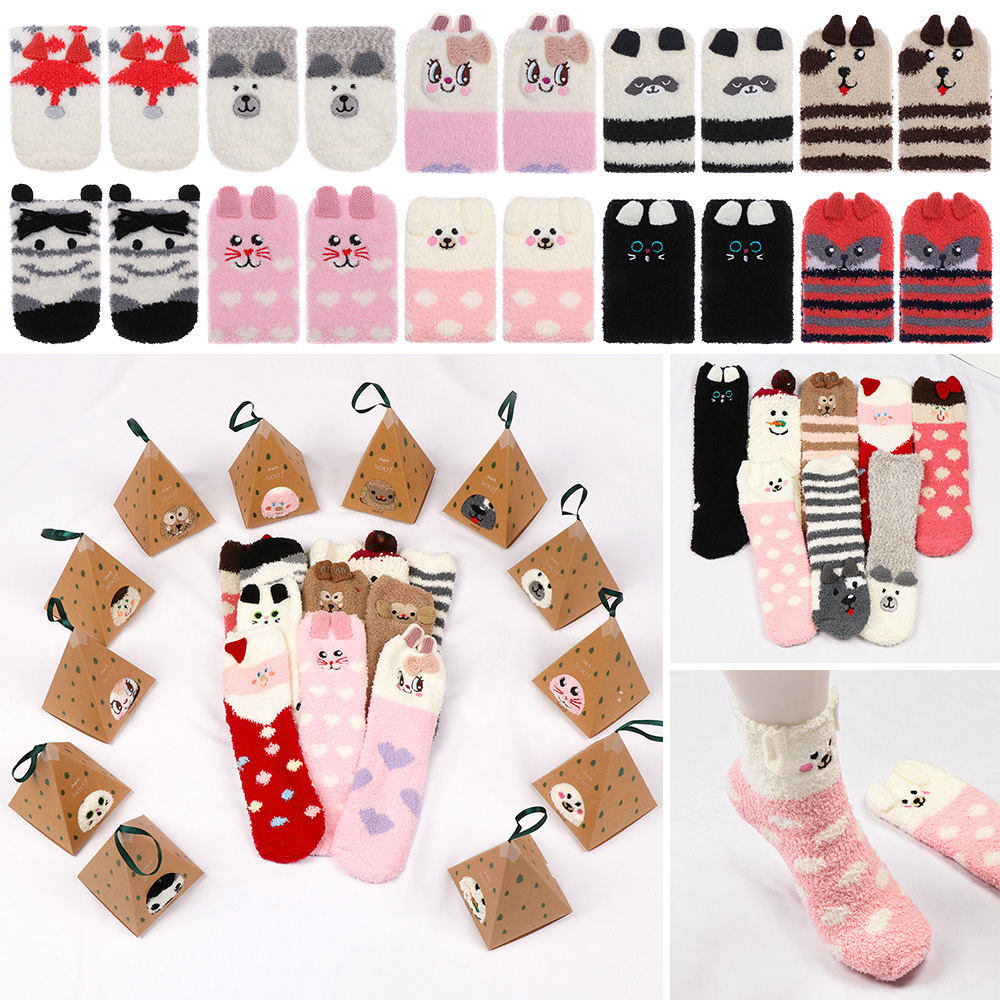 Tất Chân Giữ Ấm Chống Trượt In Hình Thú 3d Dễ Thương Kèm Hộp Đựng