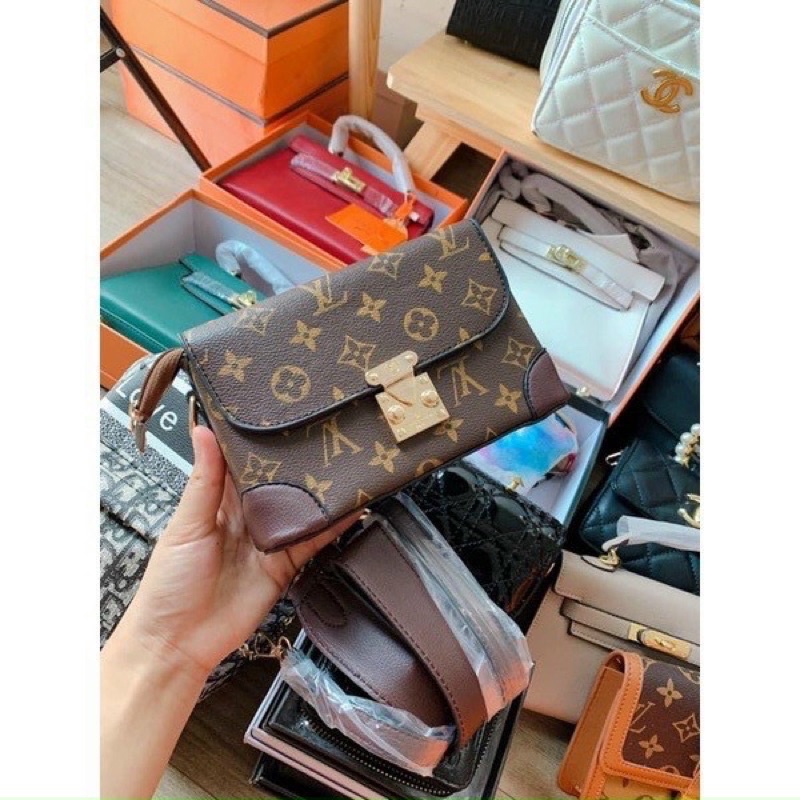 Túi Đeo Chéo Nữ Hoạ Tiết Hoa Nâu, Túi Nữ Đeo Vai Dáng Hộp Bản 2 Dây