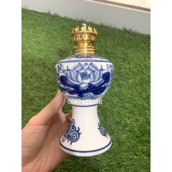 Đèn dầu men lam phụ kiện đồ thờ gốm sứ Bát Tràng