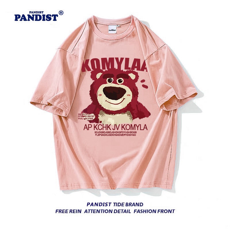Áo Thun 100% Cotton Tay Ngắn Dáng Rộng In Hình Gấu Dâu Tây Thời Trang Mùa Hè Dành Cho Nữ