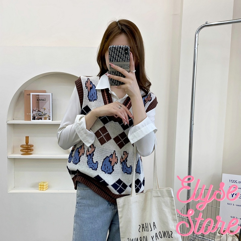 Áo gile len nữ cổ V vintage họa tiết thổ cẩm kim cương phối viền Phong cách Hàn Quốc G-4 CS