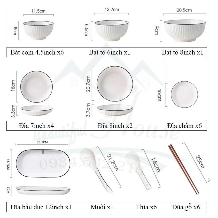 Bộ Bát Đĩa Gốm Sứ Cao Cấp Sứ Trắng Bo Viền - Mẫu 2