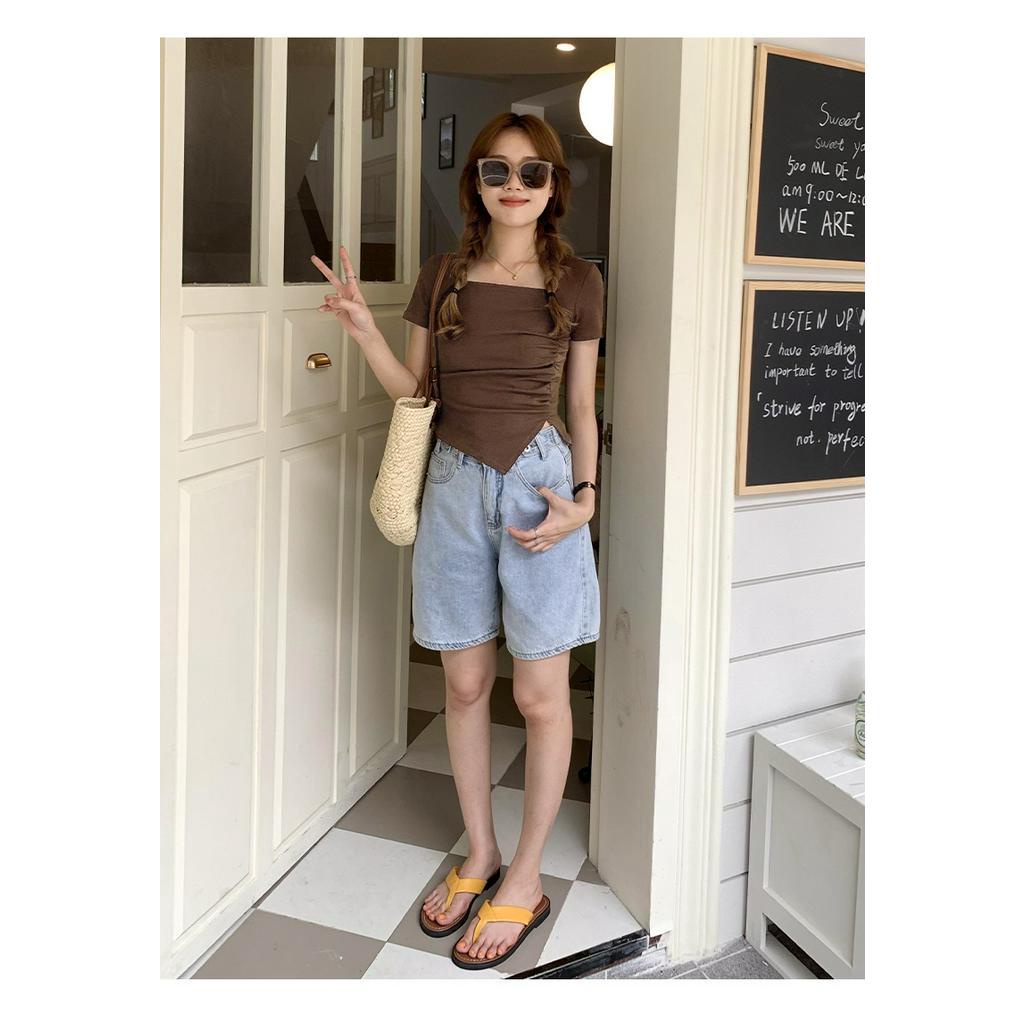 Áo Thun Tay Ngắn Cổ Vuông Xếp Ly Kiểu Mới 63844