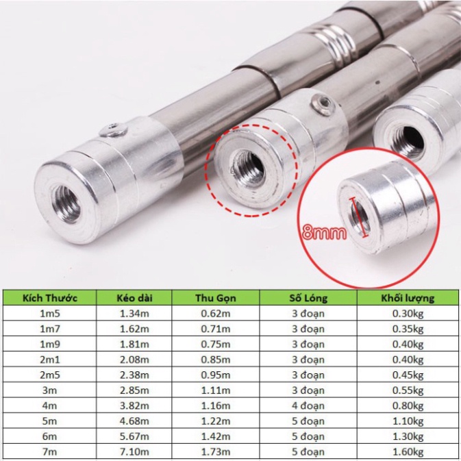 Sào Rút Inox Đa Năng. Sào Inox Bẫy Chim Dài 1m5-1m7-2m1-2m5-3m0-4m-5m-6m-7m - đại hạ giá