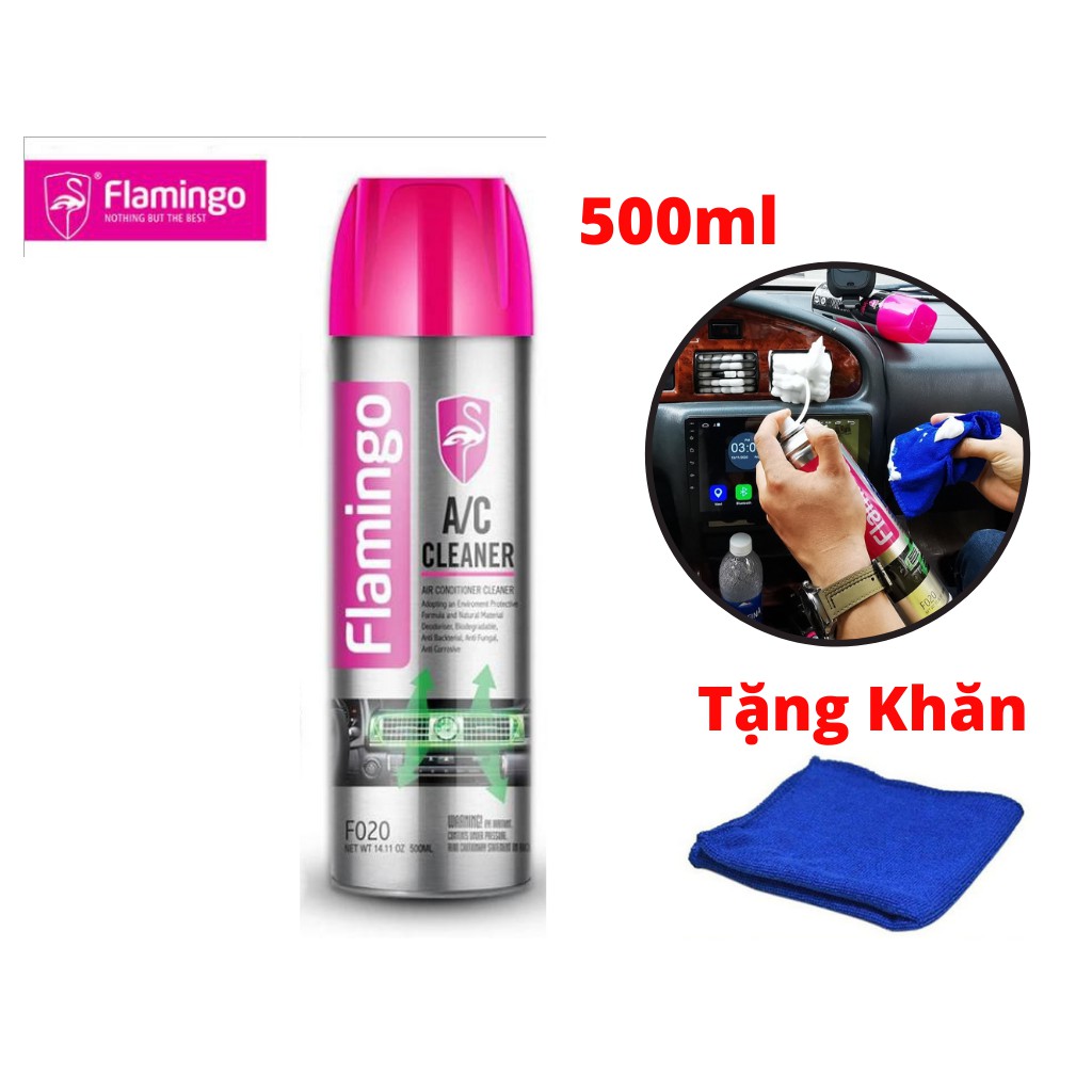 Bọt Vệ Sinh Khử Mùi Điều Hòa Xe Hơi Hương Thơm Mát Flamingo F020 500ml Tặng Khăn