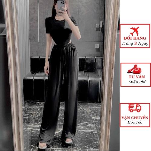 Set áo thun croptop nữ dáng ôm body kèm quần suông ống rộng đi biển ulzzang Hàn Quốc