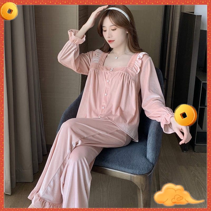 Bộ đồ ngủ vải nhung tay dài thời trang mùa thu 2021 dành cho nữ
