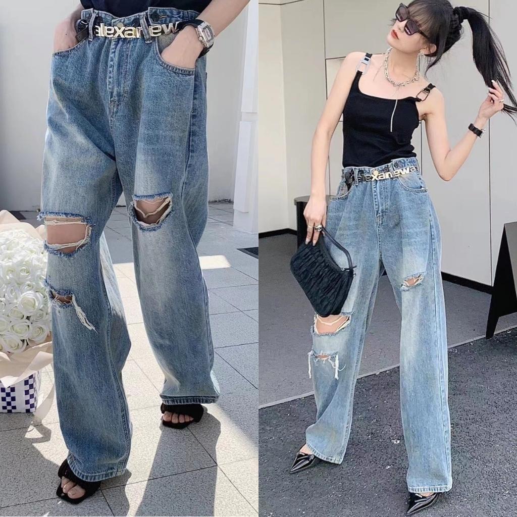 Quần jean Ống Suông Cạp Cao Rách Gối Siêu Hot