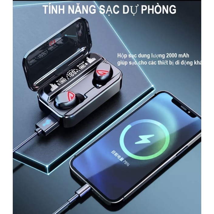 Tai nghe bluetooth V5.2 S10 Pro cao cấp, cảm ứng vân tay, hỗ trợ đàm thoại, nghe nhạc 10h, kiêm sạc dự phòng 2200mAh